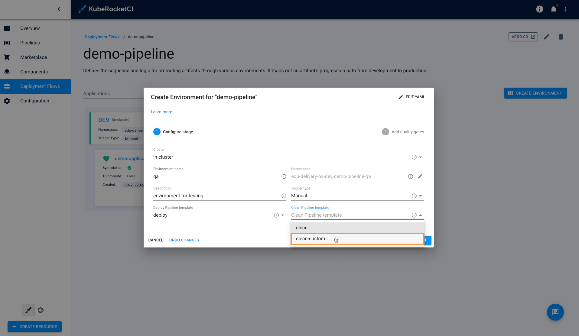 Select custom clean pipeline