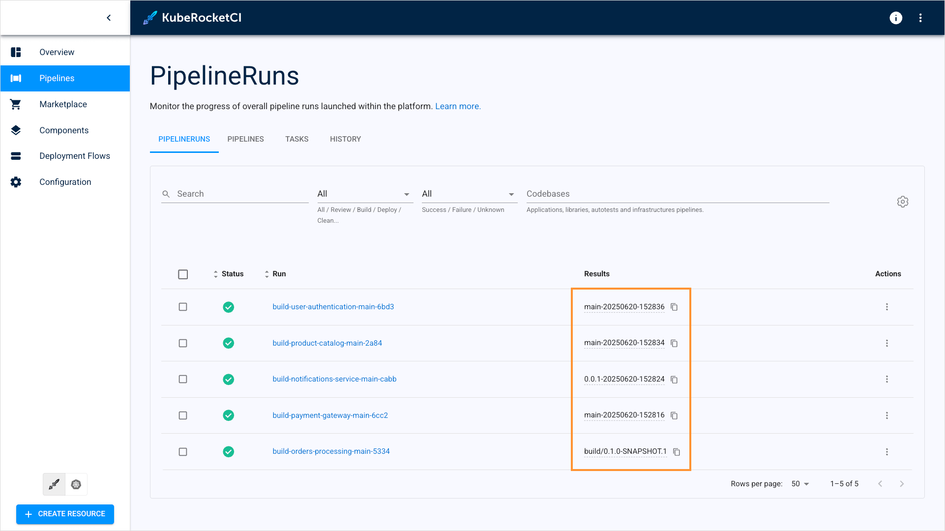 Pipeline results in Pipelines section