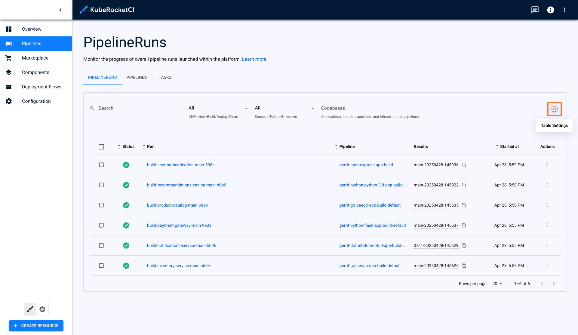 Table settings button