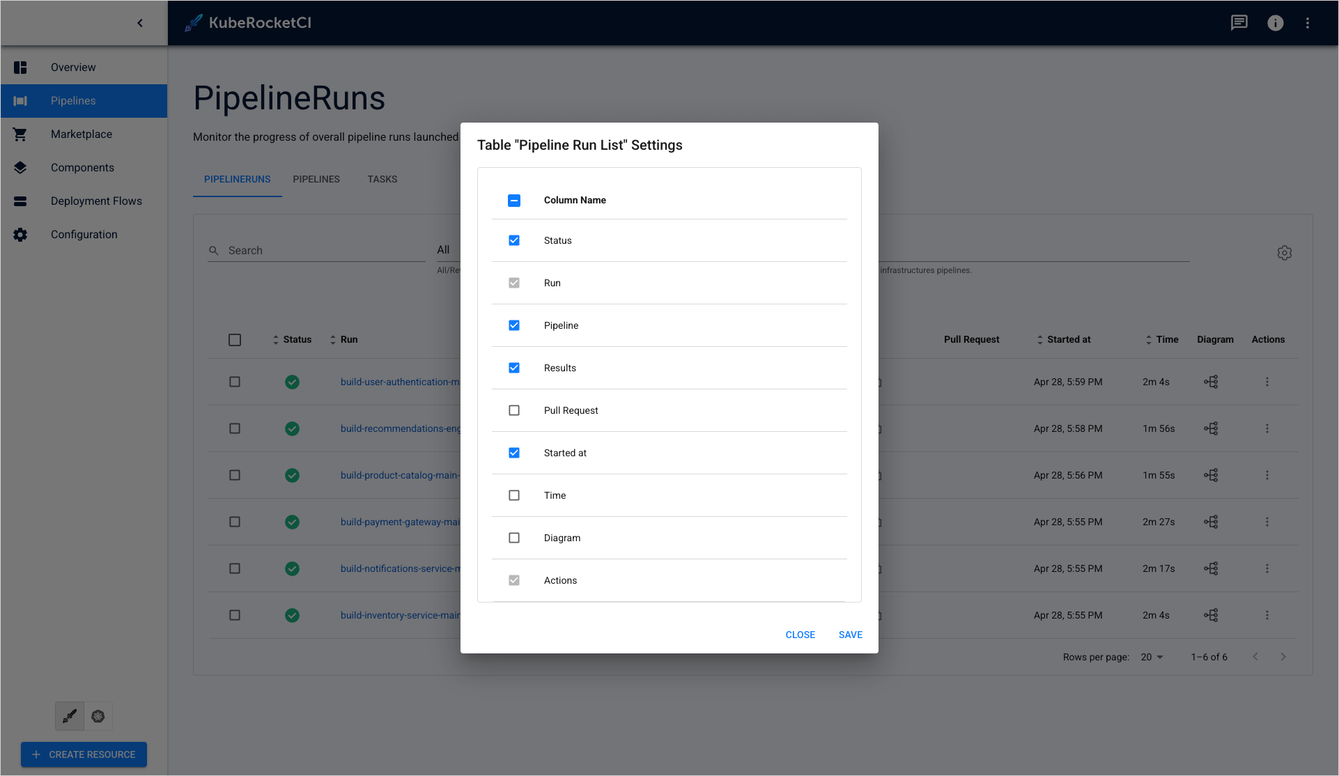 Table settings window